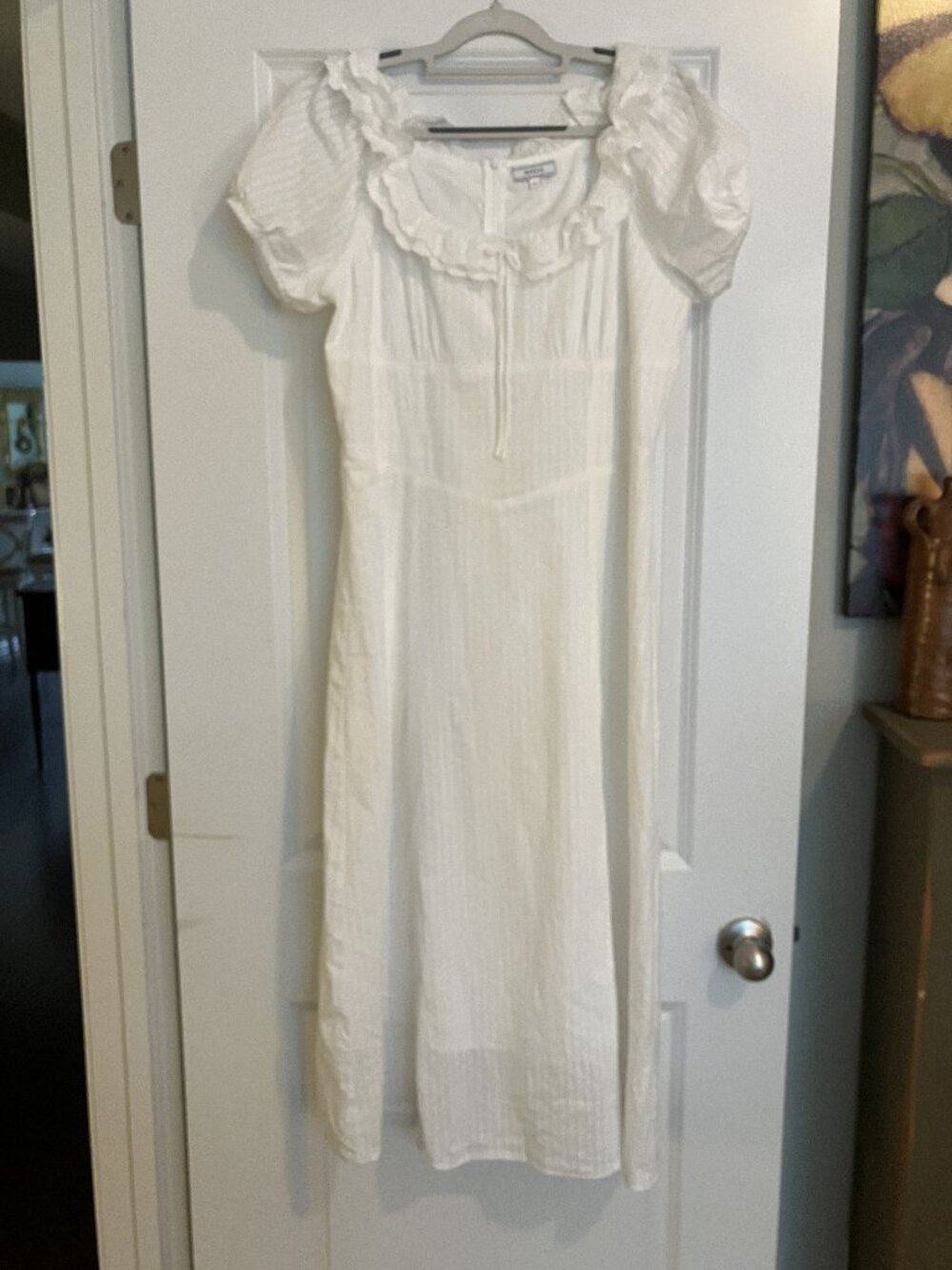 Charming All White Cotton Lined Puff Sleeve Midi Dress, Sz XL
